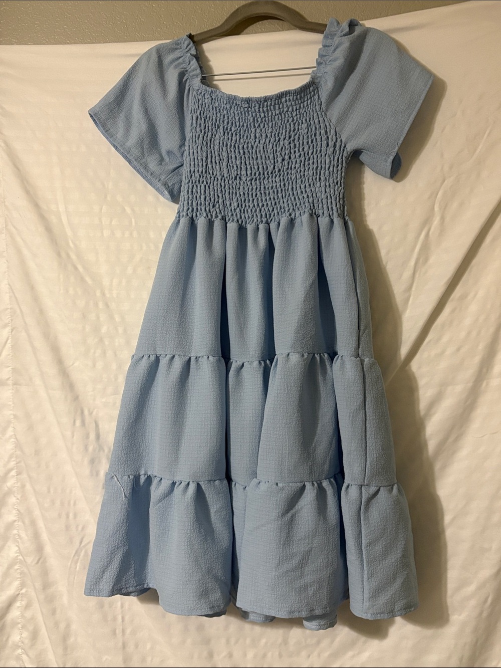 Girls Light Blue Smocked Tiered Dress